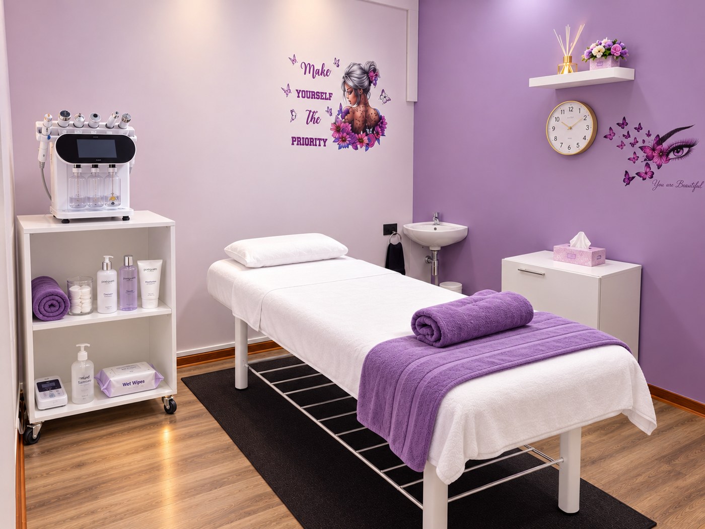 The Diva Wellness & Aesthetics facial treatment room in George, with a hydro facial machine and purple linen